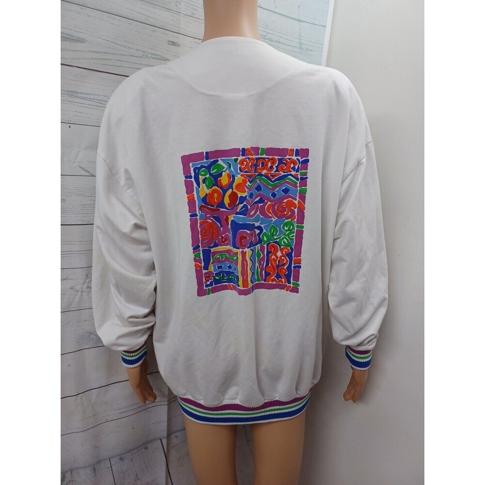 Vtg Jantzen Cardigan Sweater White Blue Purple V Neck Art Wear Sz L - Picture 4 of 10